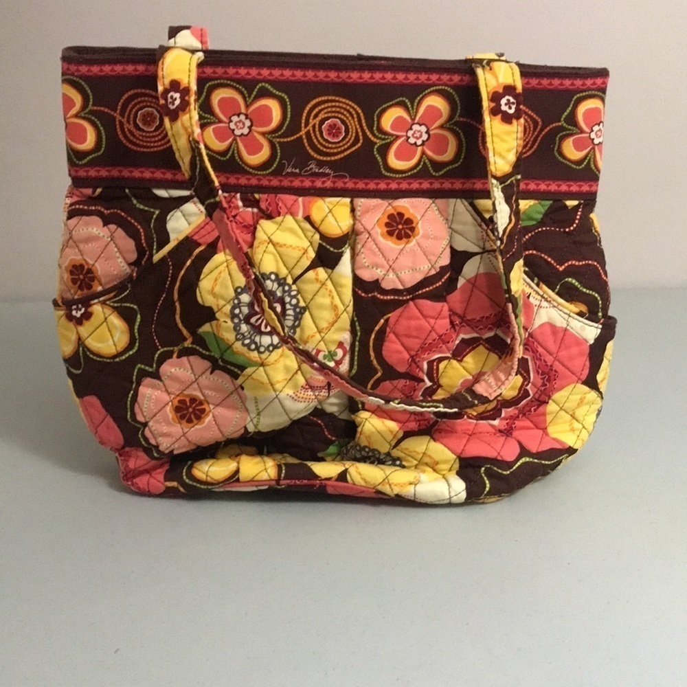 Vera Bradley Brown quilted shoulder purse with Pink and yellow flowers